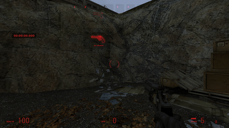 Один и тот же кадр Half-Life 2 с интерфейсом трёх разных цветов: красный, оранжевый и розовый