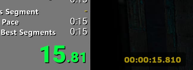 Панель LiveSplit с сегментами и временем 15.81 рядом с игровым таймером 00:00:15.810